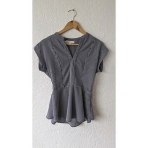 Monteau Los Angeles Navy White Striped Peplum Cap Sleeve Blouse Size M